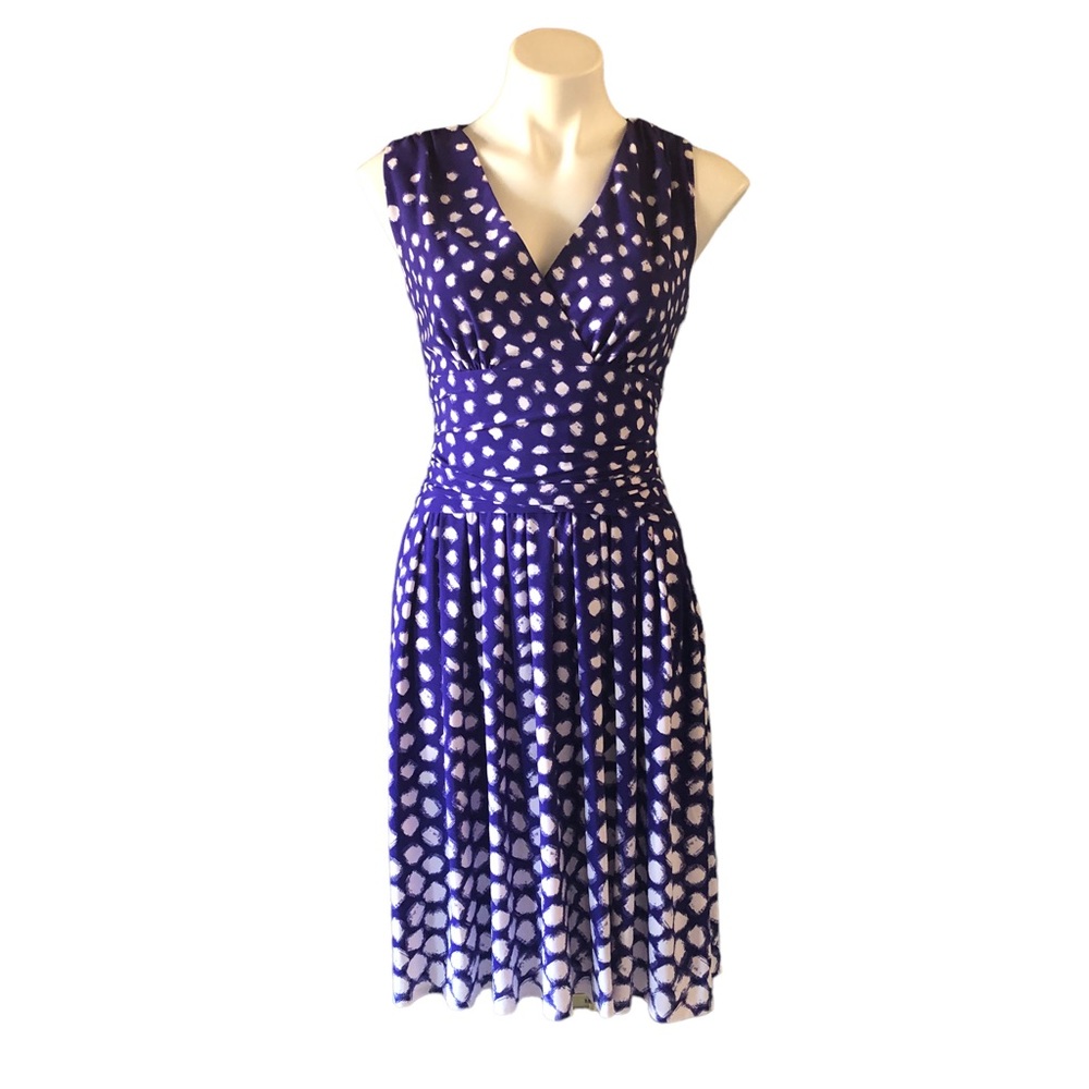 Eliza J Bluish Purple Polka Dot Sleeveless Dress with Full Pleated Skirt